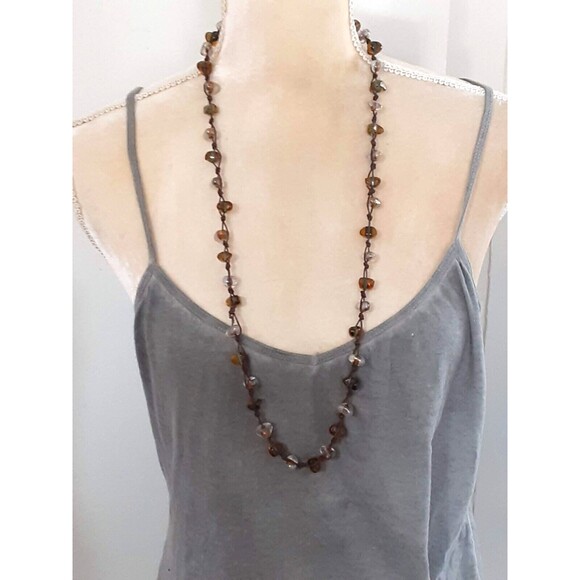 Green gold tone glass? beaded necklace string chain 34" long natural tones - Picture 2 of 4